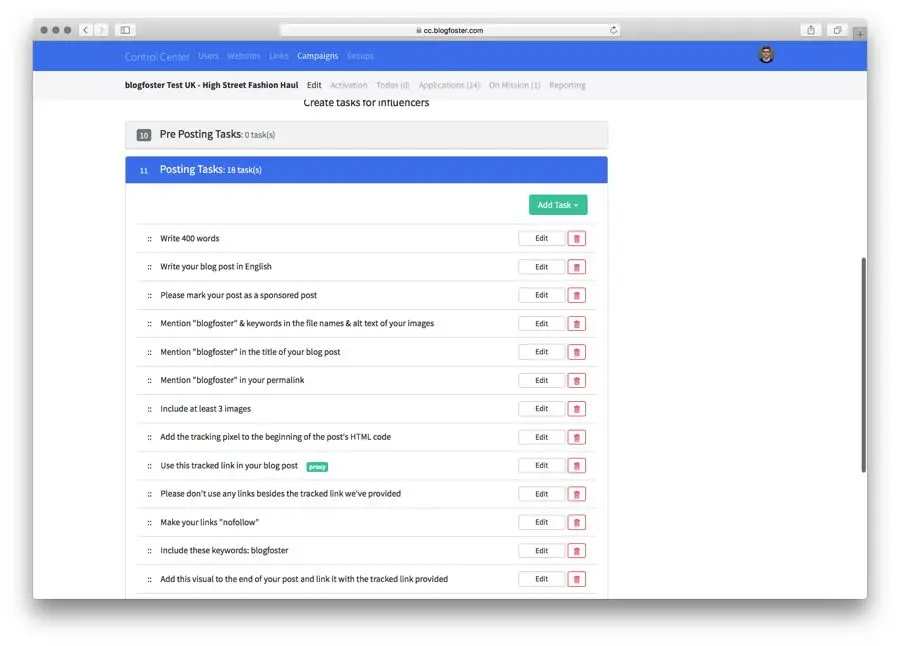 blogfoster campaign tasks