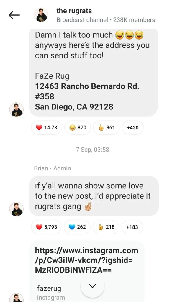 FaZe Rug Instagram broadcast channel
