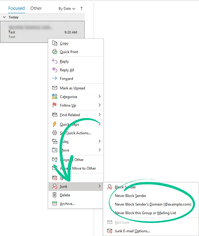 Junk > Never Block Sender