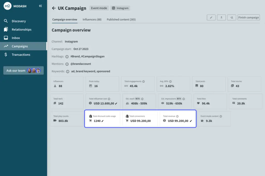 Modash campaign management