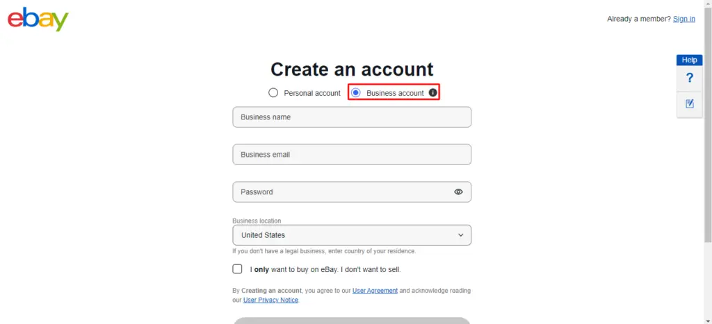 business account creation ebay