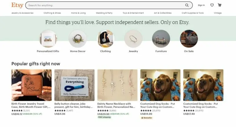 Etsy store main page
