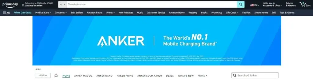 Amazon Store listing for Anker