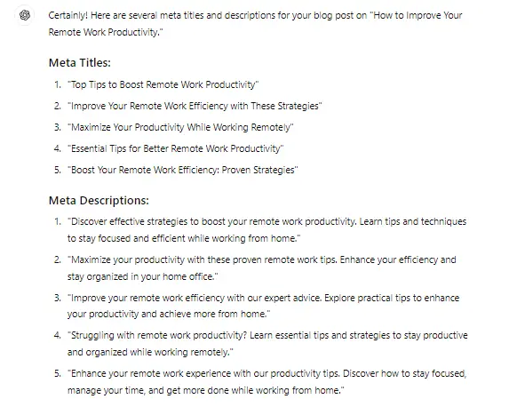 ChatGPT meta title and meta description generation 