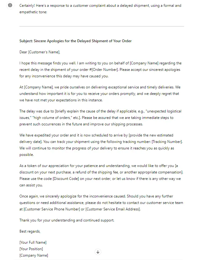 ChatGPT email writing example