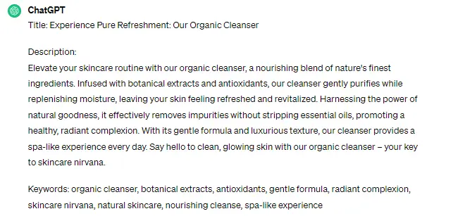 ChatGPT product description example