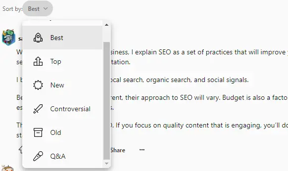 Reddit answer sorting filters