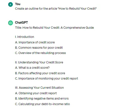 ChatGPT content outline example