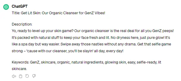 ChatGPT product description example / target audience
