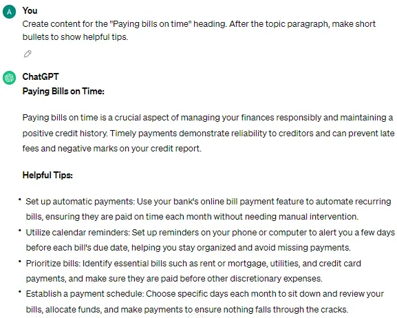 ChatGPT content generation