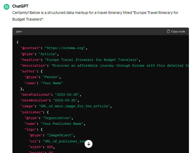 ChatGPT schema markup generation