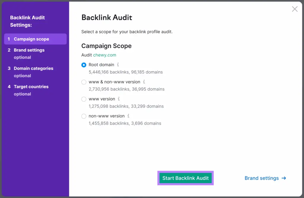 backlink audit settings