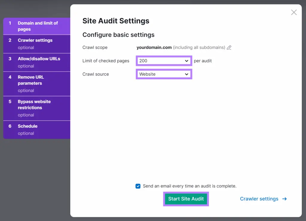 Site Audit settings