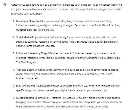 ChatGPT guest blogging ideas