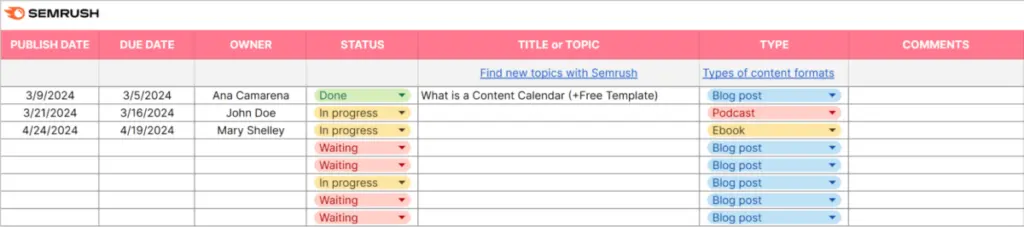 content calendar