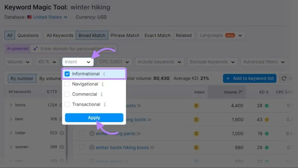 “Intent” filter