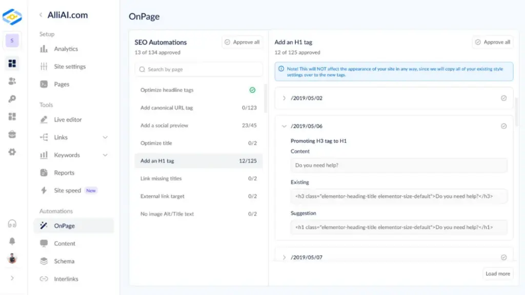 Alli AI on-page optimization 