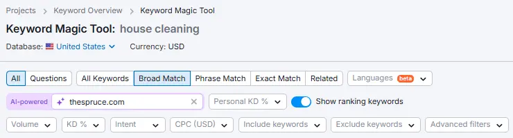 Semrush filtering options 