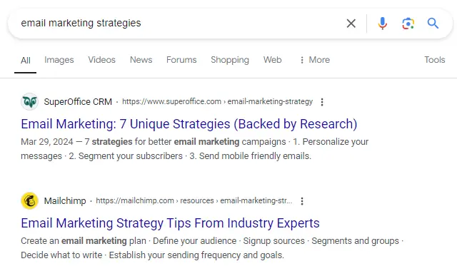 Google search results