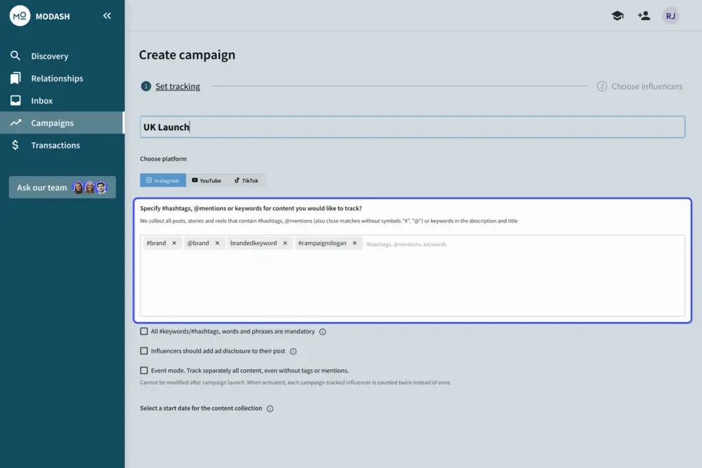 Modash create campaign