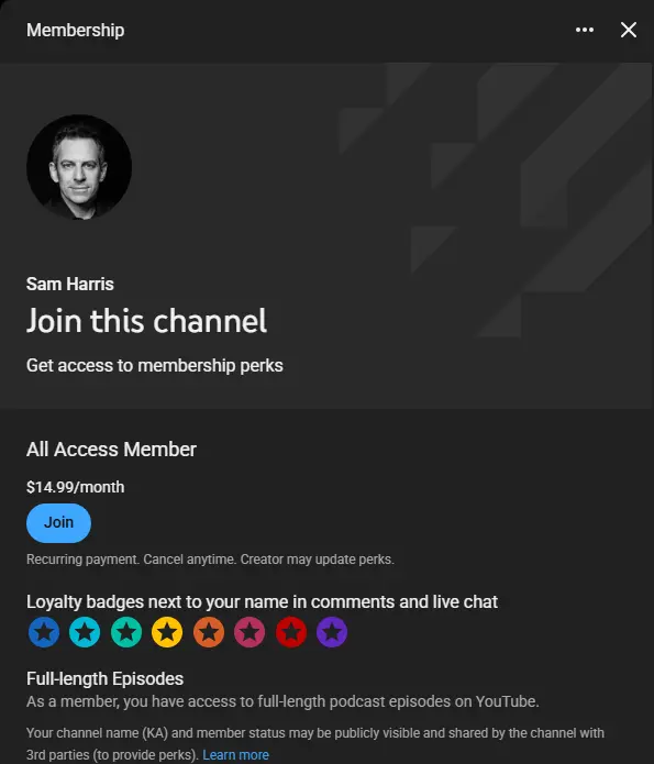 Sam Harris Channel Membership