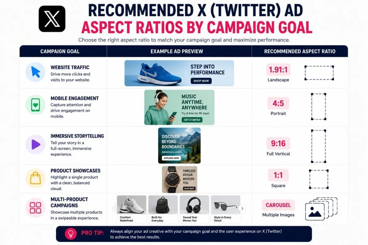 Recommended X (Twitter) Ad Aspect Ratios by Campaign Goal