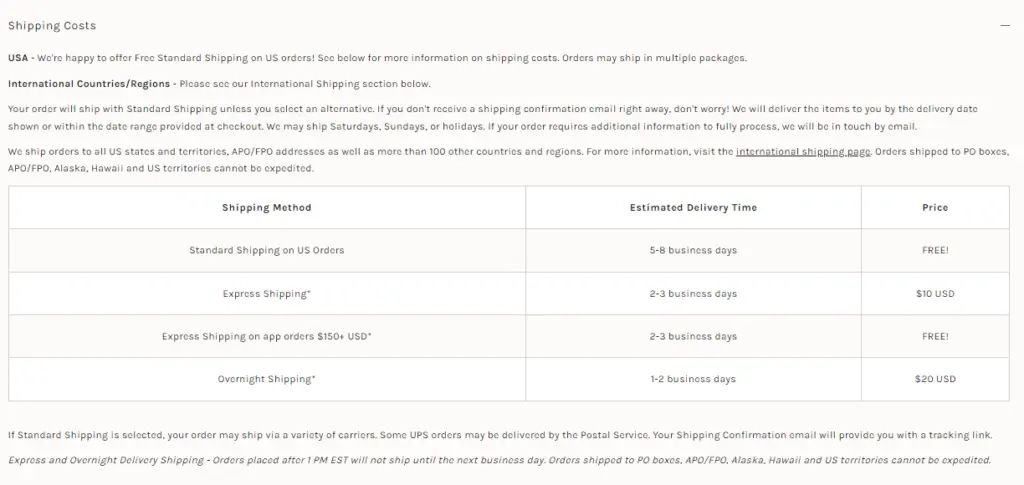 Shipping Information Page for Free People Online Shopping SIte