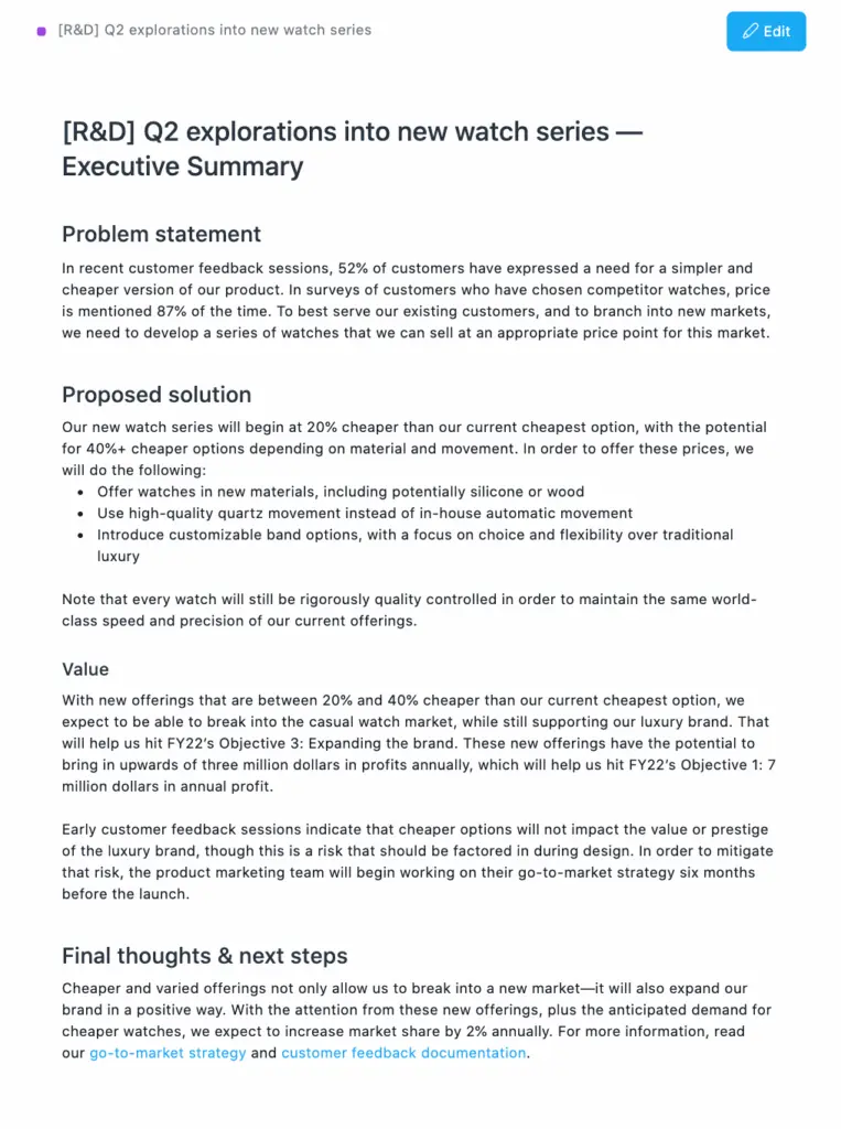 Executive Summary Example asana