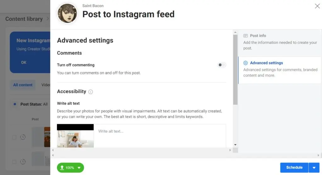 Instagram Advanced settings