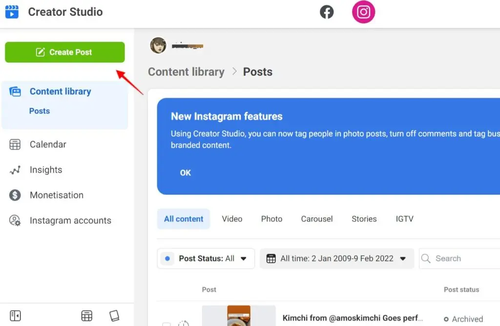Instagram “Create Post” button