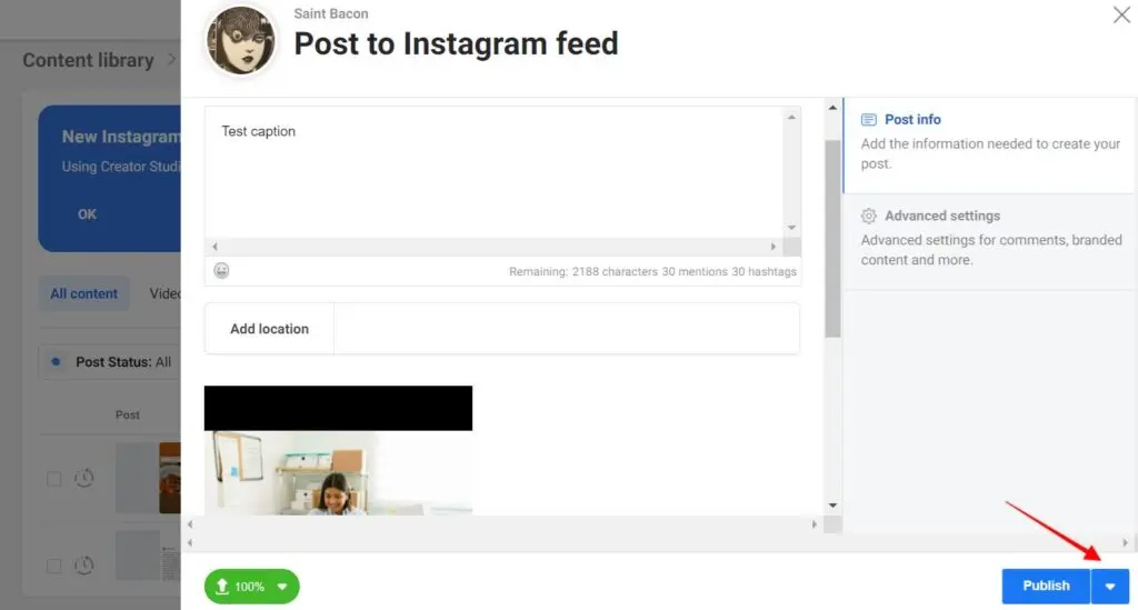 Instagram “Publish” button