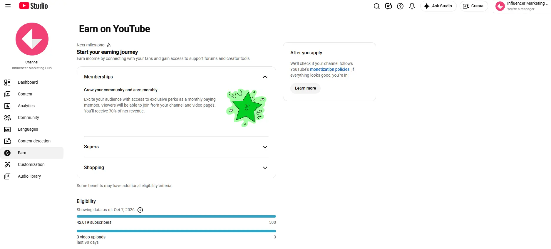 YouTube Studio Earn Dashboard