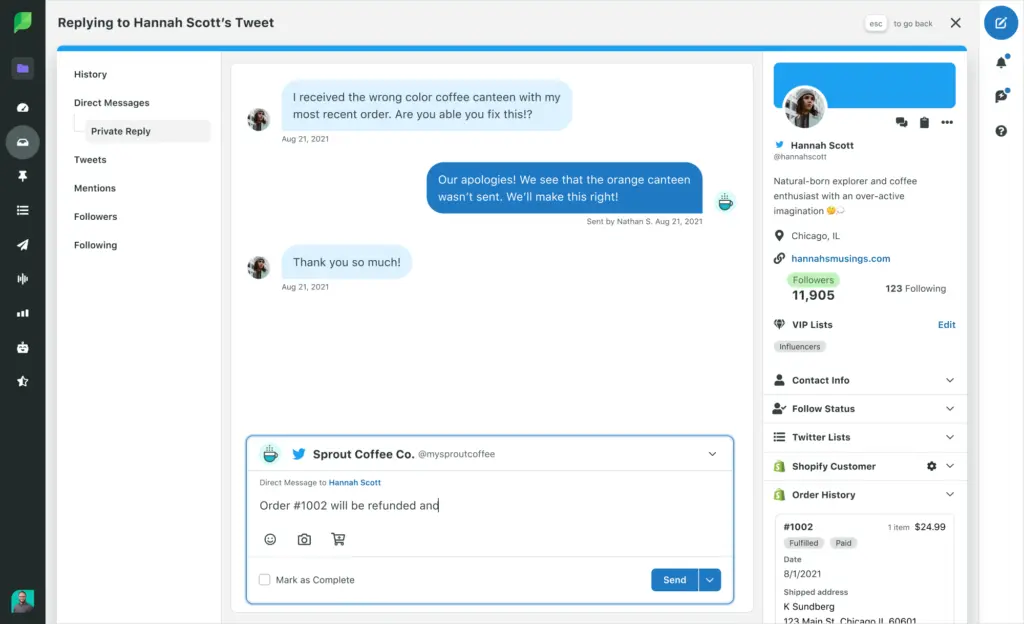 Engagement Contact Twitter Direct Message Shopify Order History