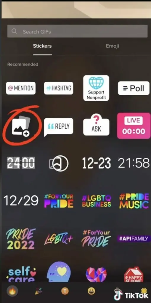 TikTok app “Stickers” button