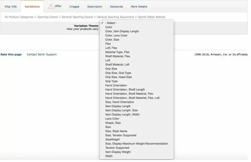 Amazon Variations tab