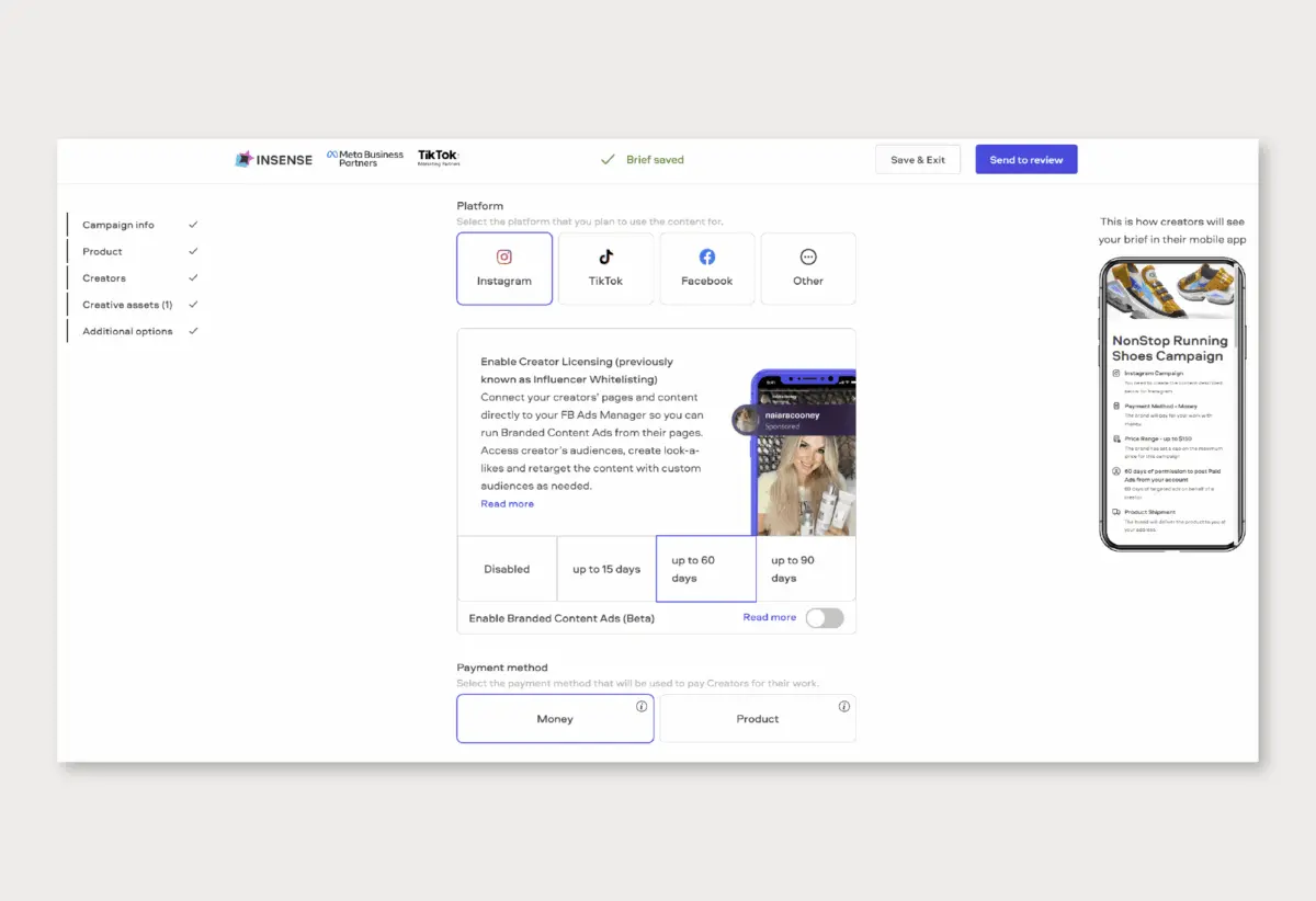 Brief creation (platform and whitelisting) / insense