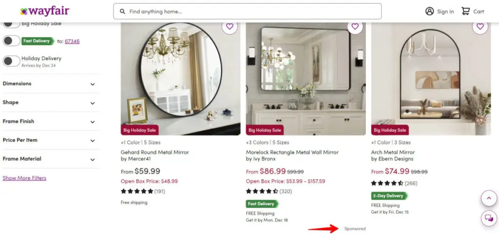 Wayfair Sponsored product example
