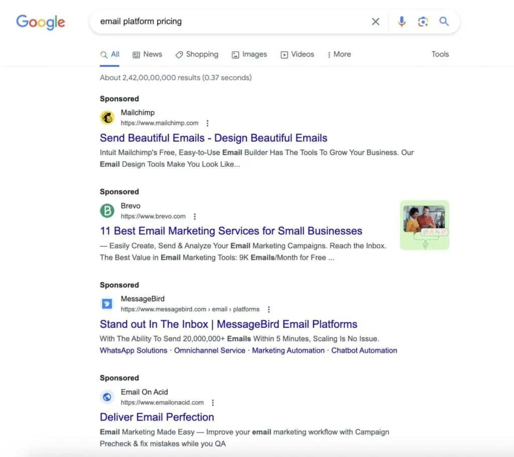 Google search email platform pricing