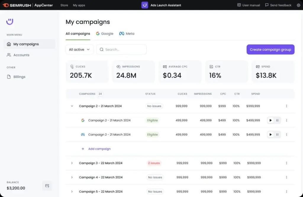 Semrush Ads Launch Assistant Google Meta Campaigns Dashboard