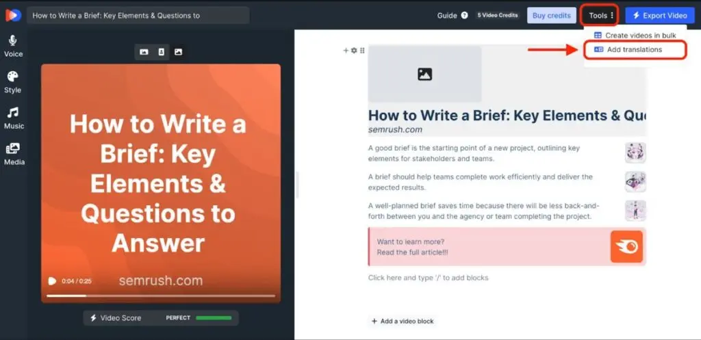 Semrush AI Video Marketing Automator Translations