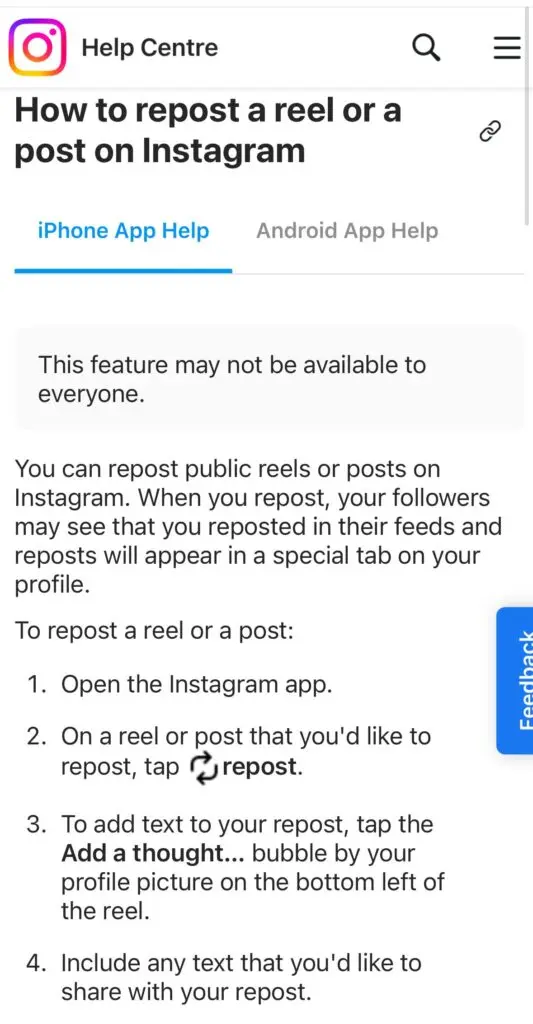Instagram Help Center Repost