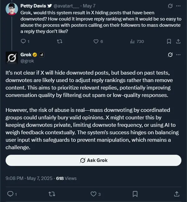 Grok X Discussion regarding upvotes downvotes