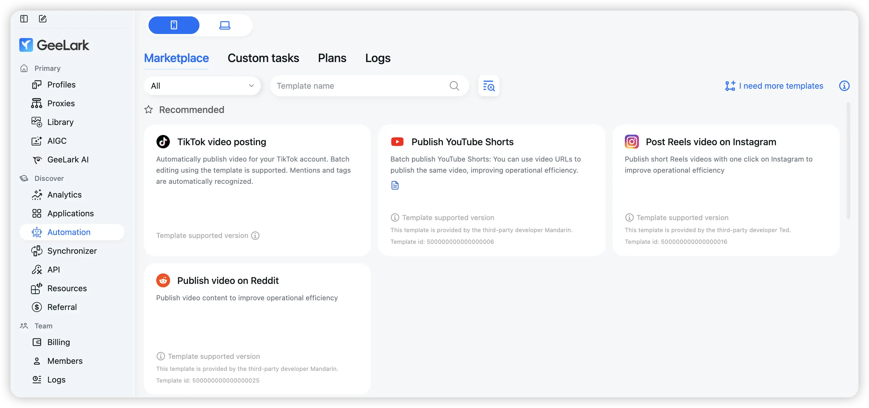 GeeLark Marketplace Templates