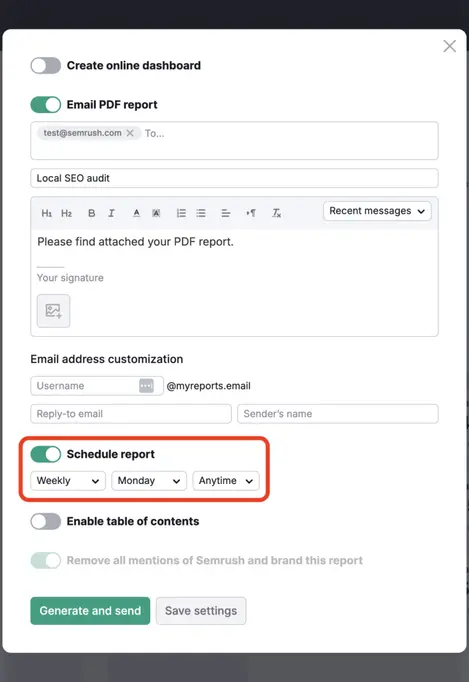 Report scheduling in Semrush