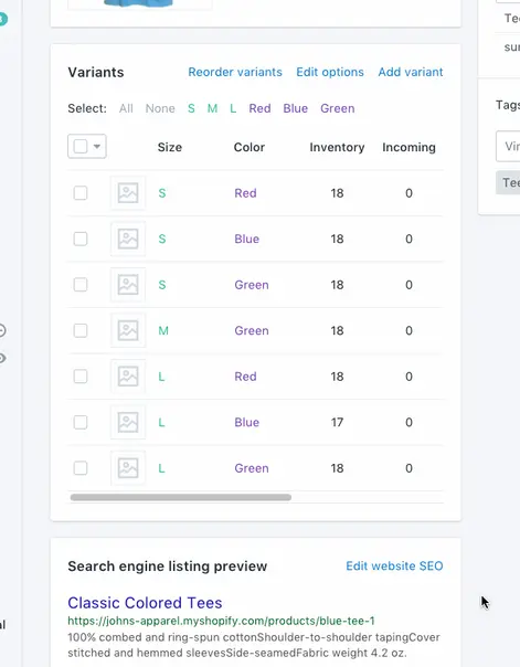 ecommerce Create product variants