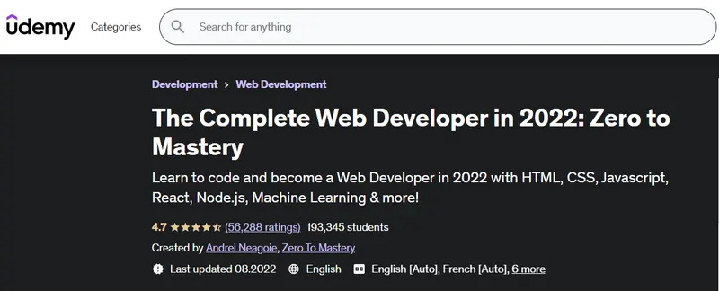 The Complete Web Developer in 2022: Zero to Mastery (Udemy)