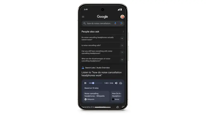 A phone screen showing Google search results with a section titled "Search Labs | Audio Overviews" and an audio player.