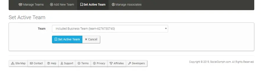 Socialoomph set active team option